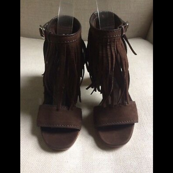 Prada Sandals Ankle Strap Block Fringe Brown Suede - Picture 3 of 8